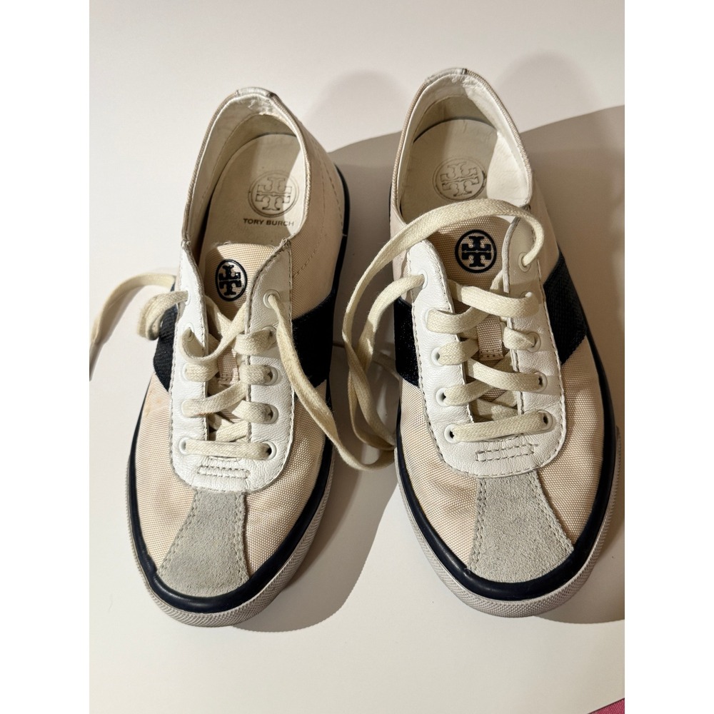 Tory Burch Women Cream Navy Canvas Suede Logo Low Top Sneakers Shoes